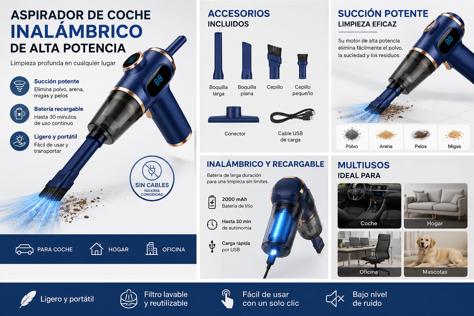 Aspirador de coche inalámbrico de alta potencia 120W